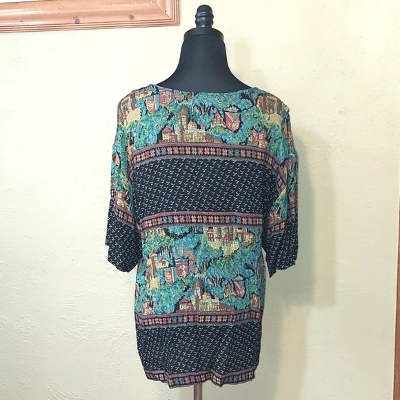 Women's 80s Vintage Karen Kane Boho Tapestry Tunic Top - Picture 3 of 9